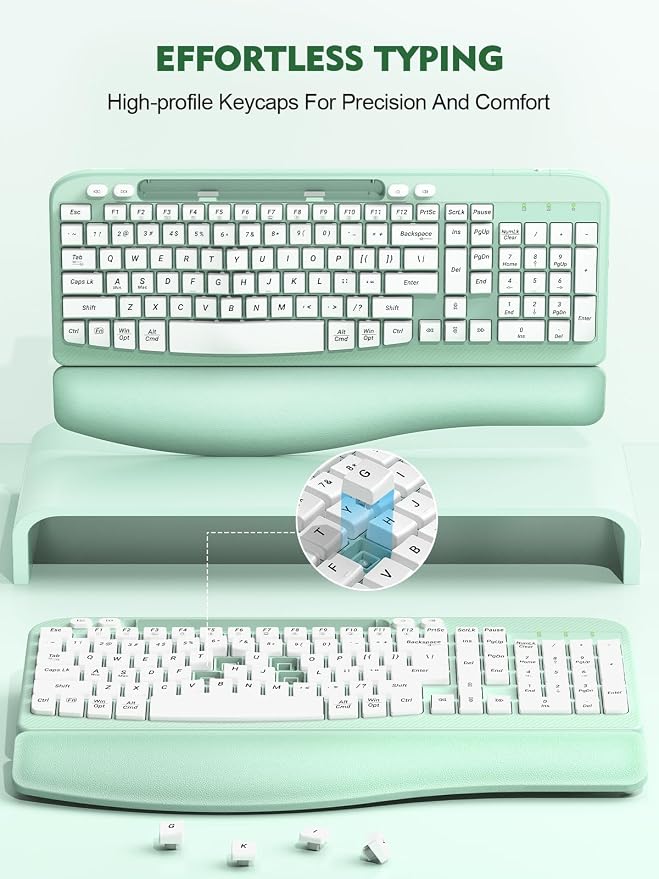 EAYBLLY 2.4G Wireless Ergonomic Keyboard, Full Size Wave Keys with Memory Foam Wrist Rest & 7.28in Phone Holder, USB-C Adapter Included for Windows Mac Chrome OS, Office or Home (Mint Green) - Image 9