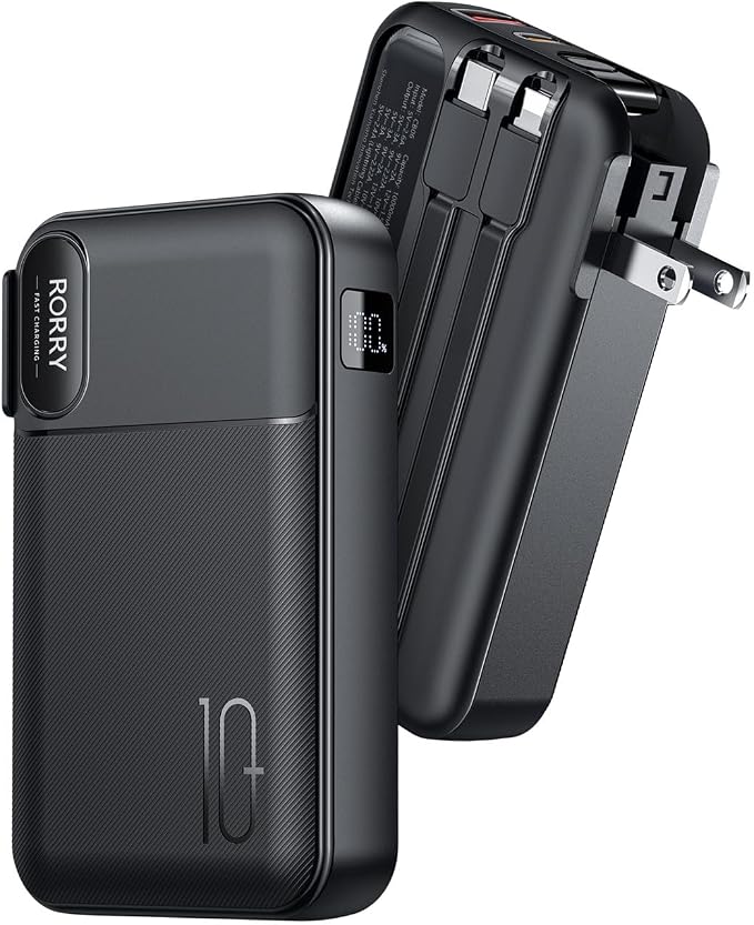 RORRY Portable Charger w/Wall Plug 10000mAh Power Bank 22.5W Battery Pack | Built in Cables, Fast Charging, for iPhone, iPad, Samsung Galaxy, Pixel, LG, Travel Essential, Digital Display, Pocket Size by RORRY