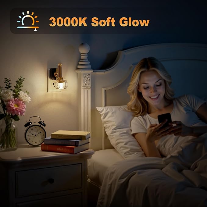 JandCase Night Light, Night Lights Plug into Wall, Glass LED Nightlight | 0-100 LM Dimmable Flower Nightlights, Dusk to Dawn Sensor, 1W Vintage Pumpkin Nite Light for Bathroom Hallway Decor, 2 Pack - Image 4