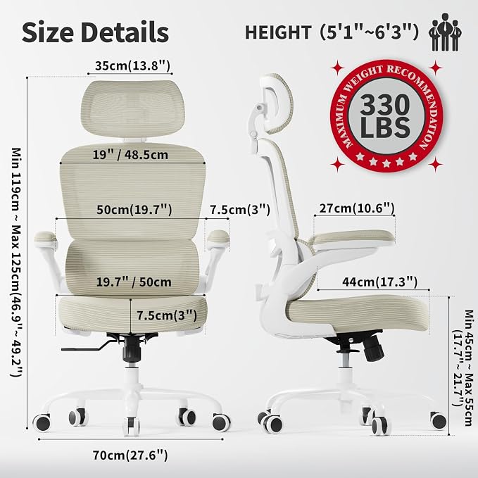 TRALT Ergonomic Office Chair Desk Chair with Adjustable Lumbar Support | Home Office Desk Chairs with Flip-up Armrests & 3D Headrest - Mesh Gaming Chairs for Adults, 330lbs, PU Leather (Beige, 1) - Image 2