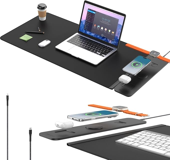 2nd Gen Wireless Charging Desk Mat, 3-in-1 Magnetic Mouse Pad | 35.43"x15.75" Large Charging Mat, 2nd Gen Wireless Tech, Waterproof Non-Slip Desk Pad Charges Phone Watch Earbuds by AWEXEO