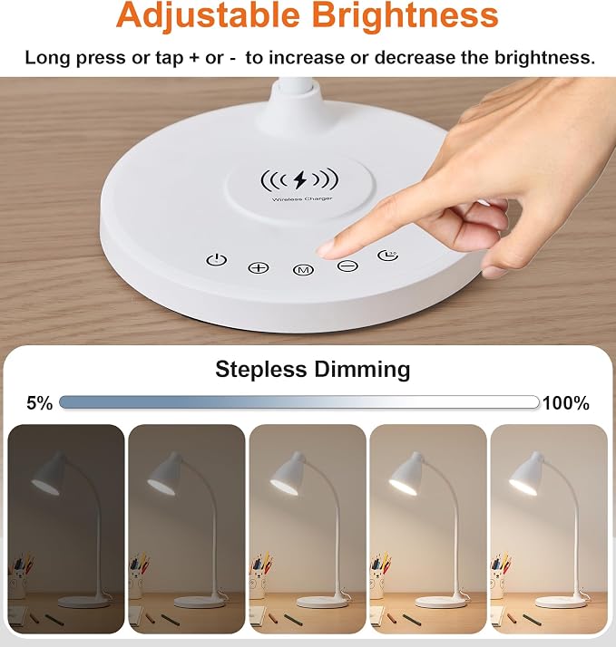 BOHON LED Desk Lamp for Home Office with USB C Charging Wireless Charger | 5 Colors, Stepless Dimming Desk Light Timer Reading Light Touch Bedside Table Lamp for College Dorm Room - Image 5
