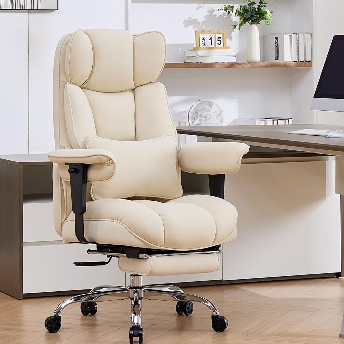 Efomao Executive Office Chair, Beige Fabric Big and Tall Desk Chair | Breathable fabric, pocket spring & foam seat, retractable footrest, 135° recline for computer gaming setup - Image 9