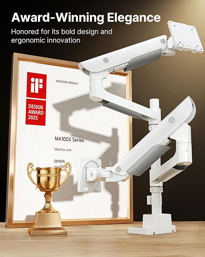 monTEK Dual Ultrawide Monitor Arm for 17-57" Screens, USB, White | USB-A/C ports, pneumatic lift, quick-release VESA 75/100 plates, clamp/grommet bases and hidden cable routing - Image 2