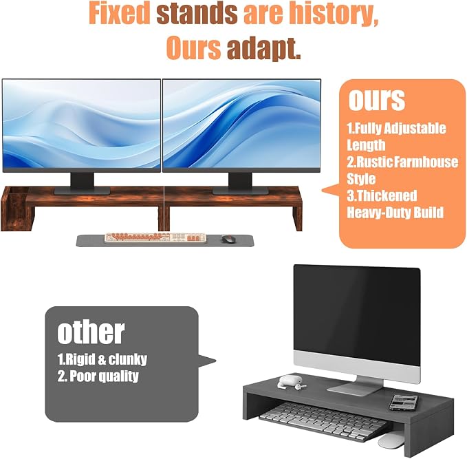 Wood Dual Monitor Stand Riser for Desk, 30" Long Monitor Riser with Pen Holders, Desktop Storage Organizer for 2 Monitors, Computer, Laptop, PC, Printer, TV, Rustic Brown (Dual) - Image 4