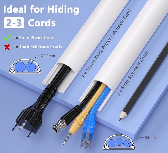 ZhiYo 34in Cord Hider for 2-3 Wall-Mounted TV Wires, 1.2"W x 0.55"H, White | Split-Hinge Design for Easy Installation, Half-Round Glazed Finish Ideal for Wall/Baseboard, Self-Adhesive, 2 Pack (17" Each) - Image 2