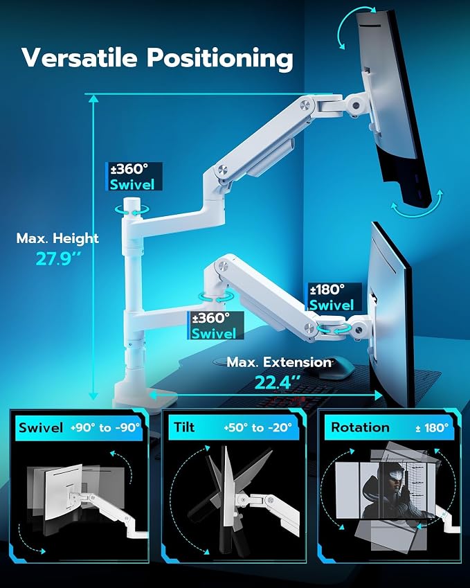ARES WING White Ultrawide Dual Monitor Mount with USB A/C for 17 to 49 Inch | Pro Gas Spring, Aluminum Material, Flexible Screen Layouts, for 75/100 Vesa Mount, Hold 44lbs Each Arm, for Samsung Monitor - Image 6