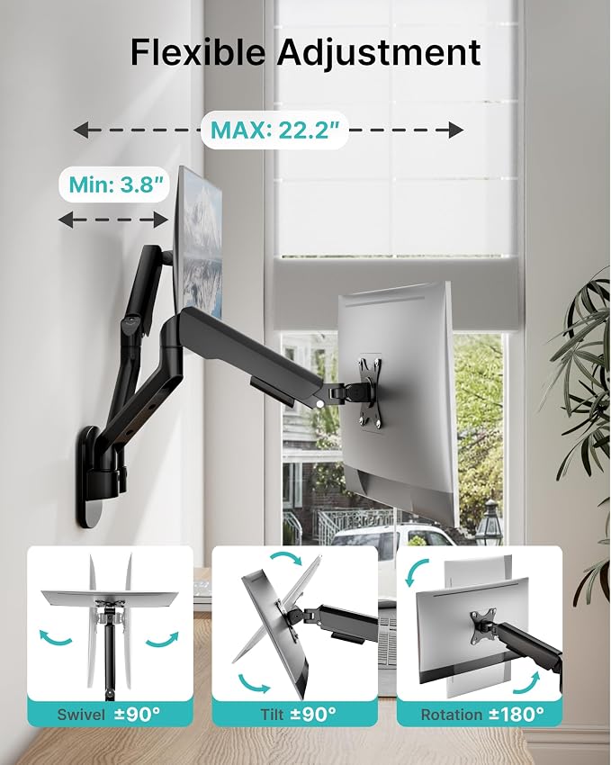 PEGZONE Dual Monitor Wall Arm 17"-35" Ultrawide 26.4Lbs VESA Black | Fully Adjustable, Space Saving Structure, VESA 75x75 & 100x100, Ideal for Home Office Gaming, Fits Ultrawide Monitors - Image 3