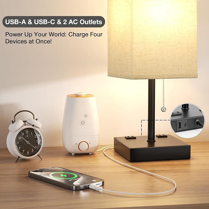 aooshine 17.4" Beige Bedside Table Lamp for Bedroom - USB C+A, 2 AC Outlets | Pull Chain Lamp, 3 Color Modes(3000K/4000K/5000K), E26 LED Bulb Included, Square Beige Fabric Lampshade, for Read, Work, Dorm - Image 4