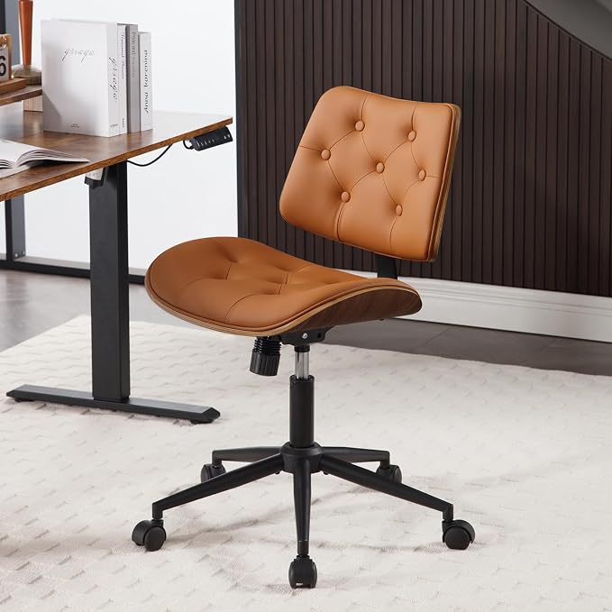 Armless Home Office Chair in Button Style, PU Leather Small, Brown | PU Leather Adjustable Height Computer Desk Chair, 360 Swivel Small No Arms Office Seat, Walnut Design Stool, 300LBS Cap - Image 4