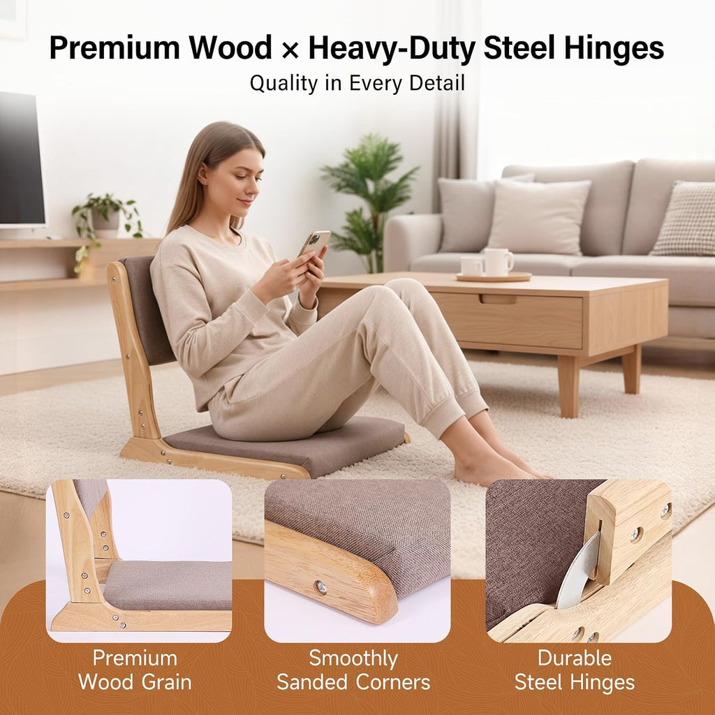 Tiita 2-Pack Foldable Meditation Floor Chairs with Back Support, Wood Grey - Image 3