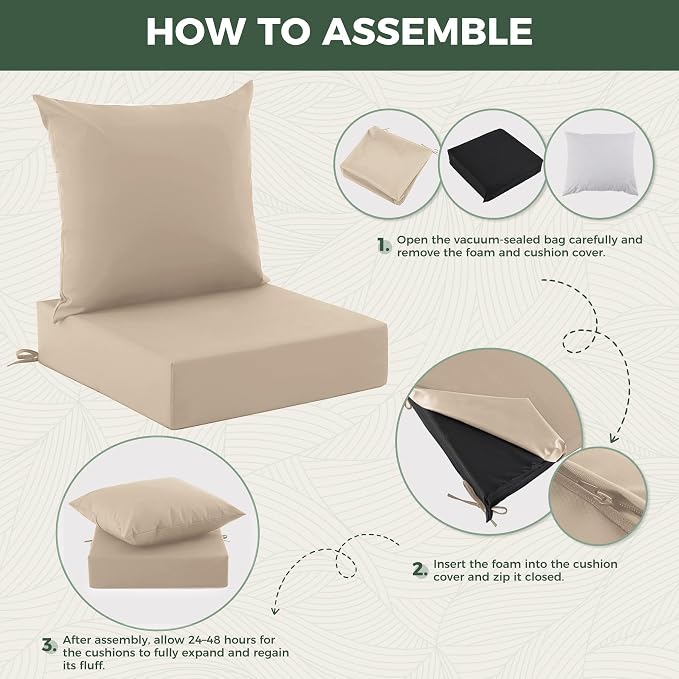 Outdoor Cushions for Patio Furniture, Outdoor Seat Cushion Set 24 x 24 x 5.75 in, Waterproof & Fade Resistant Outdoor Chair Cushions, Patio Chair Cushion with Removable Cover, Set of 2, Beige - Image 6