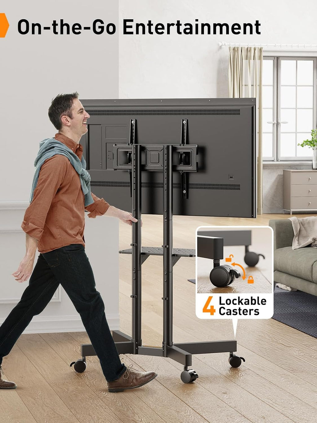 Perlegear Rolling TV Stand, Mobile TV Stand with Wheels for 32-75 inch TVs, Height Adjustable Mobile TV Cart with -15° to +5° Tilt, Rolling Cart for 4K TV Max VESA 400x400mm up to 88lbs, PGTVMC14 - Image 6