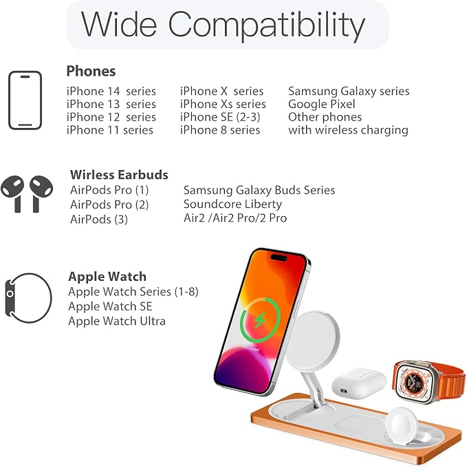 3 in 1 Wireless Charging Station for Apple Devices with MagSafe | For iPhone 17/Air/16/15/14/13/12, AirPods & Apple Watch, Foldable Portable Aluminum Charging Stand, Adapter Included - Image 6