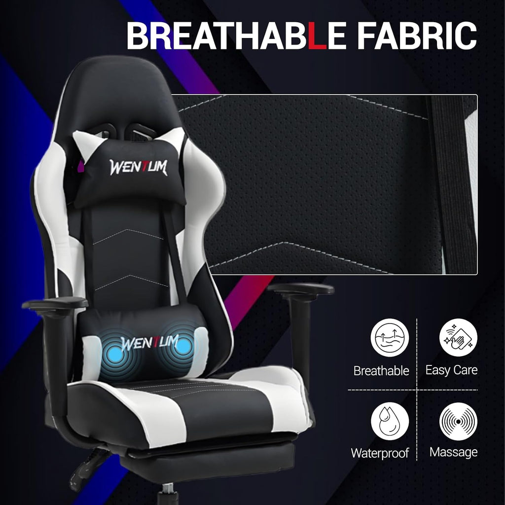 Gaming Chair with Footrest, Ergonomic PC Desk Chair with Headrest and Massage Lumbar Support, Video Game Chair with Height Adjustable High Back for Home Office, PU Leather, White - Image 6