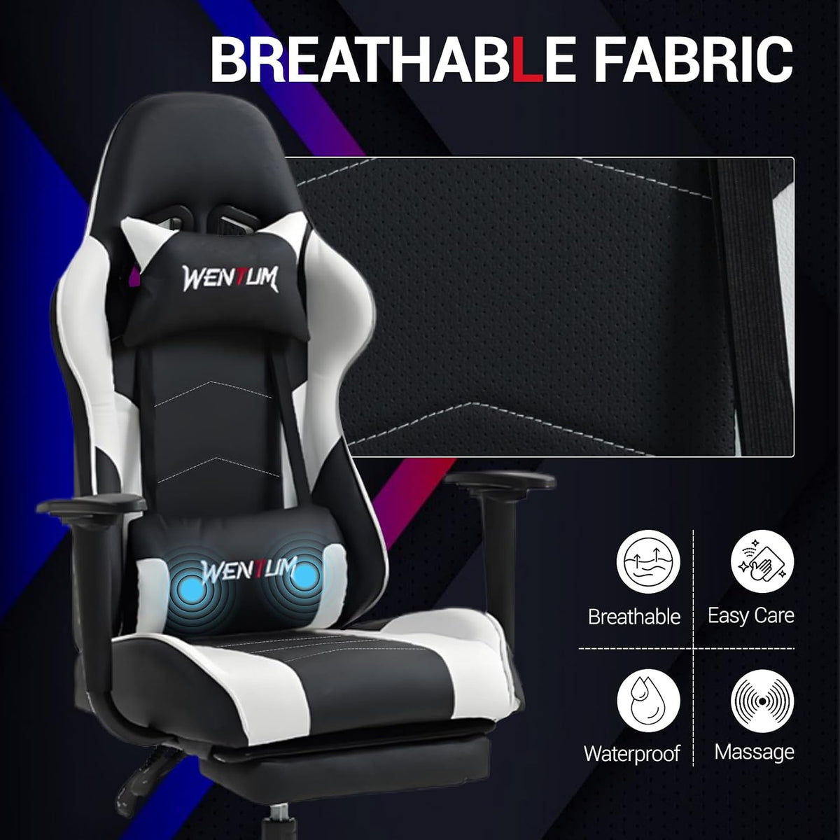 Gaming Chair with Footrest, Ergonomic PC Desk Chair with Headrest and Massage Lumbar Support, Video Game Chair with Height Adjustable High Back for Home Office, PU Leather, White - Image 6