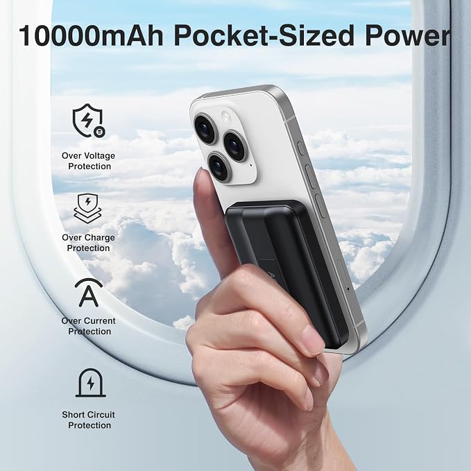 AOGUERBE for MagSafe Portable Charger, 10000mAh Magnetic Power Bank 22.5W Fast Charging, Mini Battery Pack Wireless with LED Display&Foldable Stand for iPhone 17/16/15/14/13/12 Series (Obsidian Black) | Power Bank with Stand, 22.5W Fast Charging, LED D... - Image 5