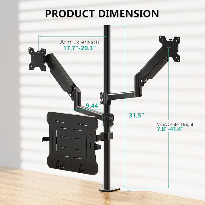 WALI Triple Arm Laptop and Dual Monitor Desk Mount for 17" Notebook and Up to 32" Screens, Adjustable Monitor Arms with Tilt Swivel Rotation, VESA 75x75 100x100, Black (GSDM003LP) - Image 8