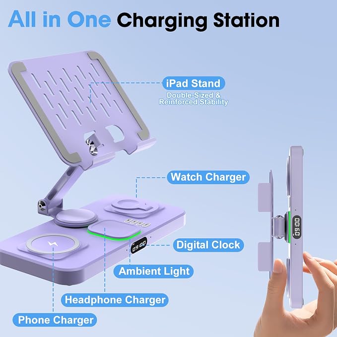 6 in 1 Wireless Charger for Apple Multiple Devices, Charging Station with Clock &7 Color Ambient Light, Foldable Rotate Stand for iPad, for iPhone17/16/15, Support for Apple Watch11/10 for AirPods4 - Image 2