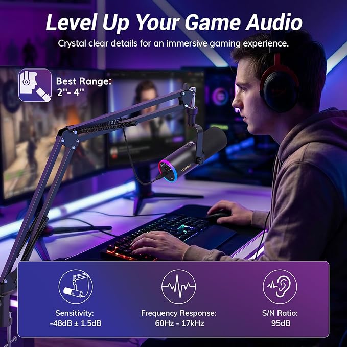 TONOR Dynamic Gaming Microphone XLR/USB Mic with AI Noise Cancellation | Boom Arm Set, RGB, Tap Mute, 3.5mm Jack, Gain Control, Microfono for Content Creators, Black, TD510 AIR S H+ - Image 3