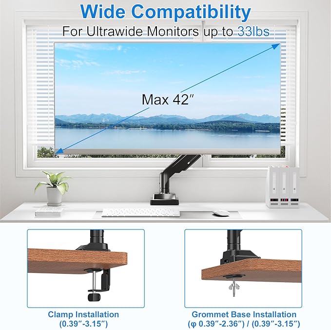 Single Monitor Mount for Max 43" Ultrawide Computer Screens | Hold up 2.2-33lbs Premium Monitor Arm Full Motion Gas Spring Heavy Duty Desk Mount Adjustable VESA Mount 75x75/100x100mm - Image 2