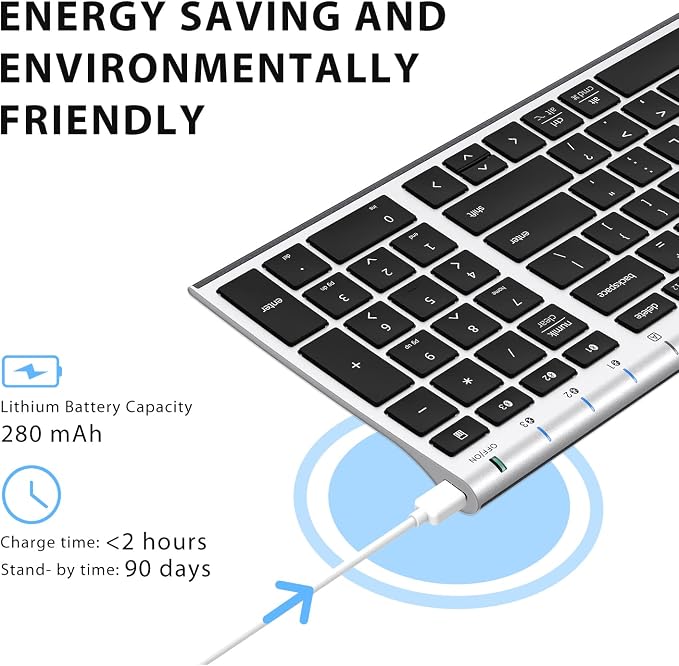 iClever BK10 Bluetooth Keyboard, Wireless Rechargeable Ultra-Slim Keyboard with Long Battery Life, Compatible with iOS, Android, Windows, Mac for iPad, Tablet, Laptop, PC, Phone (Silver Black) - Image 3
