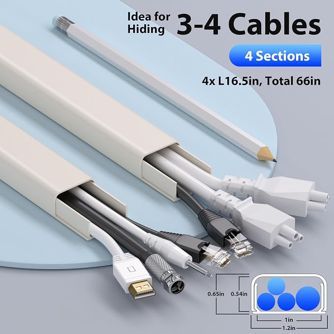 ZhiYo 66" Cord Covers for Wires on Wall, Beige Cord Hider, 1.2" W x 0.7" H | Fits 3-4 Cords, Premium Paintable Raceway for Wall-Mounted TV, Self-Adhesive Wire Hider for Extension Cords & Ethernet Cables - Image 2