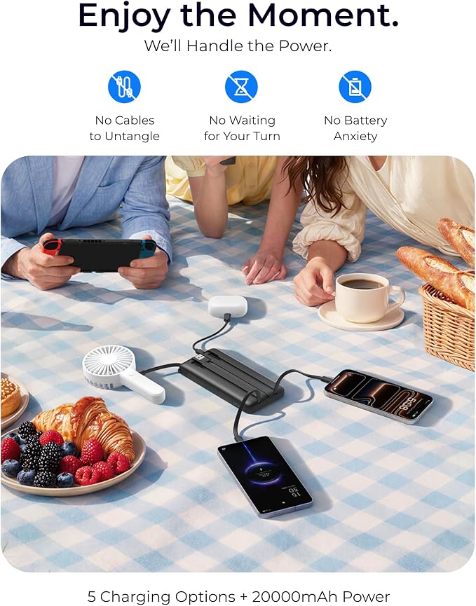 VRURC Portable Charger 4-Built-in-Cables 20000mAh Fast Charging Power Bank | Battery Protection,Flight-Approved,USB-C Cable,22.5W PD,Slim,Travel Essentials,Battery Pack for iPhone,iPad,Galaxy,Android - Image 6
