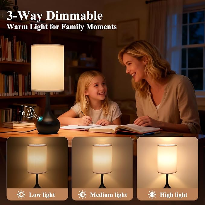 ONEWISH Touch Bedside Lamp for Bedroom, 3-Way Dimmable Table Lamps for Nightstand, White Fabric Shade Desk Lamp for Kids Reading, Living Room, Home Office - Image 2