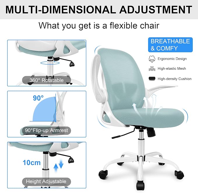 Office Chair Ergonomic Desk Chair with Adjustable Lumbar Support and Height, Swivel Breathable Desk Mesh Computer Chair with Flip up Armrests for Conference Room（Light Blue） - Image 6