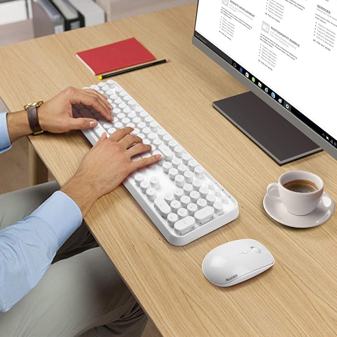 White Wireless Keyboard and Mouse Combo,Bubble Round Keys,Typewriter Style | Cute Aesthetic Minimalist Keyboard,Creamy Clicky Sound,2.4GHz Full-Size with Number Pad,for Long Nails PC Laptop Desktop - Image 6