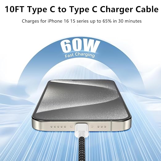 USB C to C Charger Cable 10ft, 60W Type C to C Fast Charging Cable Cord Long for Apple iPhone 17 Pro Max/17 Air/16 Pro Max/16 Pro/15 Plus/15 Pro Max/MacBook 2021/2020/2019,iPad Pro/Mini/Samsung Galaxy - Image 3