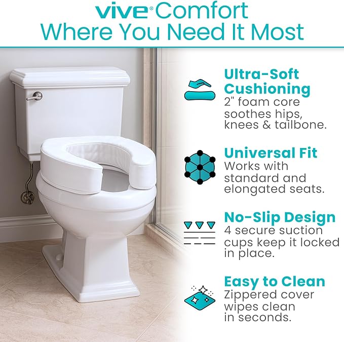 Vive Toilet Seat Cushion - Padded Soft Cushioned Foam - Fits All Toilets | Easy Clean Bathroom Attachment - Elongated, Standard Seats - Comfort & Support Donut for Handicap Adults - Image 3