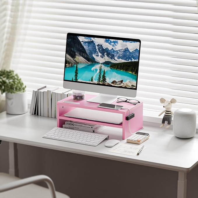 Marbrasse Wood Monitor Stand Riser,Desk Computer Printer Shelf Stand，Pink | 2 Tier Laptop Computer Screen Storage, Desktop Stand with Phone Holder and Cable Management - Image 2