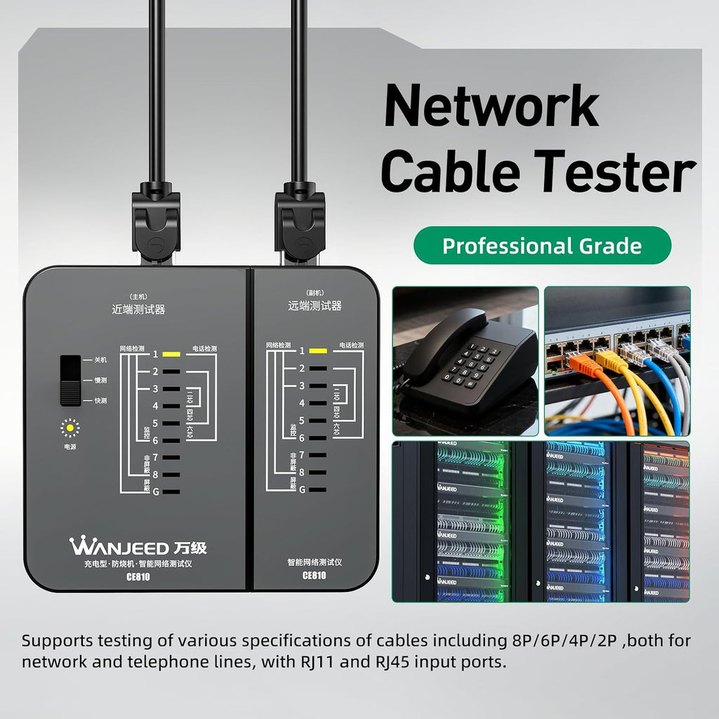 Professional Rechargeable Network Cable Tester - for RJ45/RJ11/RJ12, Tests CAT5/CAT5e/Cat6/Cat6a/CAT7 UTP/STP, PoE & CAT3, Wire Mapping, Fault Finder-Black-CE810 - Image 3