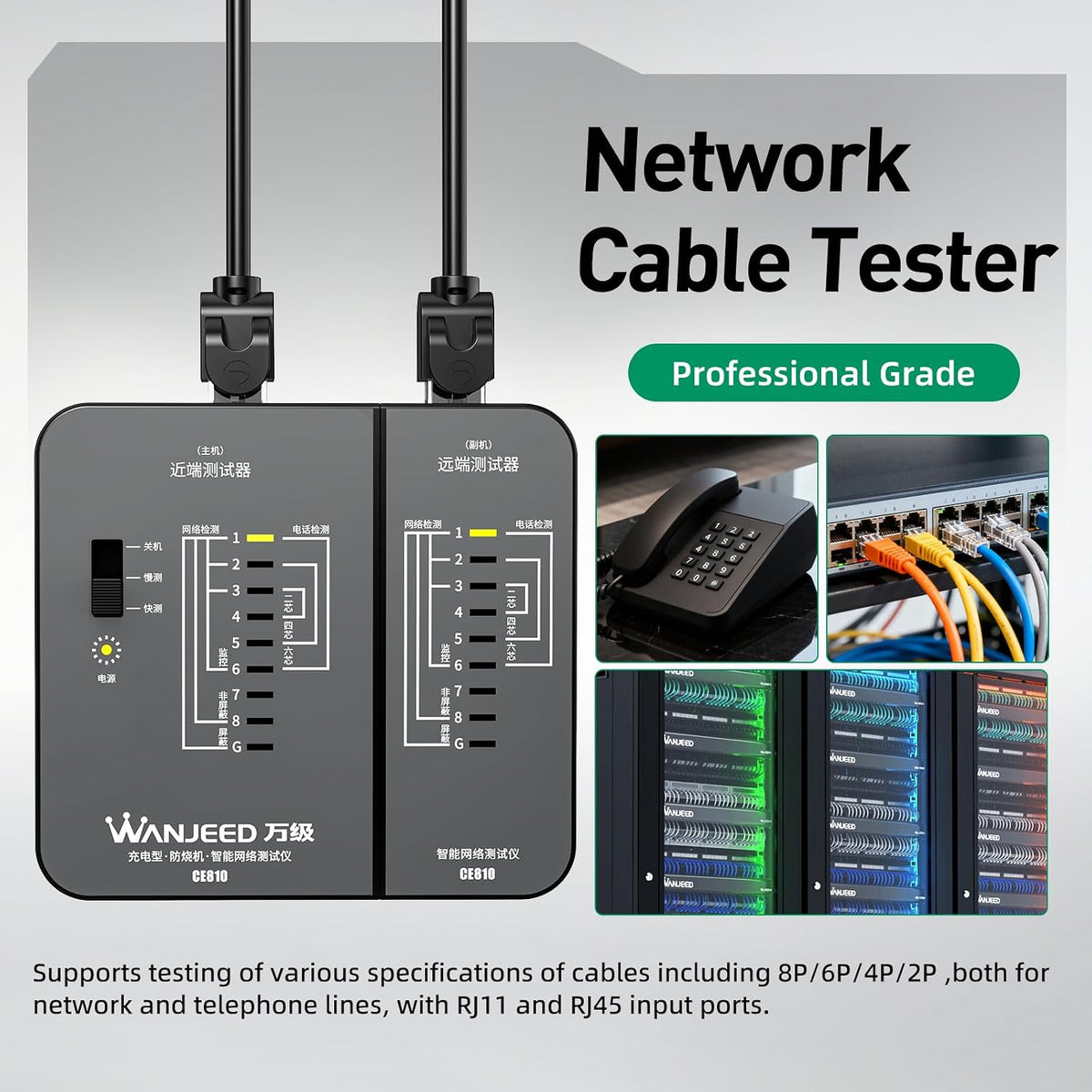 Professional Rechargeable Network Cable Tester - for RJ45/RJ11/RJ12, Tests CAT5/CAT5e/Cat6/Cat6a/CAT7 UTP/STP, PoE & CAT3, Wire Mapping, Fault Finder-Black-CE810 - Image 3
