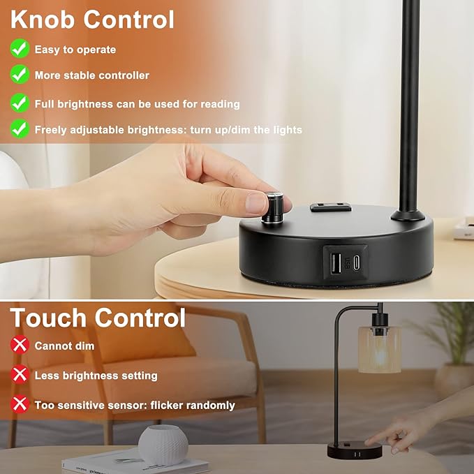Industrial Bedroom Lamps for Nightstand Set of 2 - Fully Dimmable Bedside Lamps with USB A C Ports and Outlet, Black Table Lamps with Opal Glass Shade for Living Room, Desk Lamps for Office Reading - Image 3
