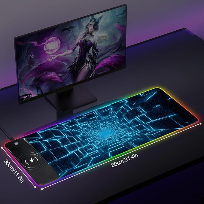 Wireless Charging RGB Gaming Mouse Pad, 31.5 x 11.8 Inch Extended Mouse Mat with Cyber Tunnel Design, LED Desk Pad with 7 Lighting Modes, Non-Slip Base for Gaming & Office - Image 2