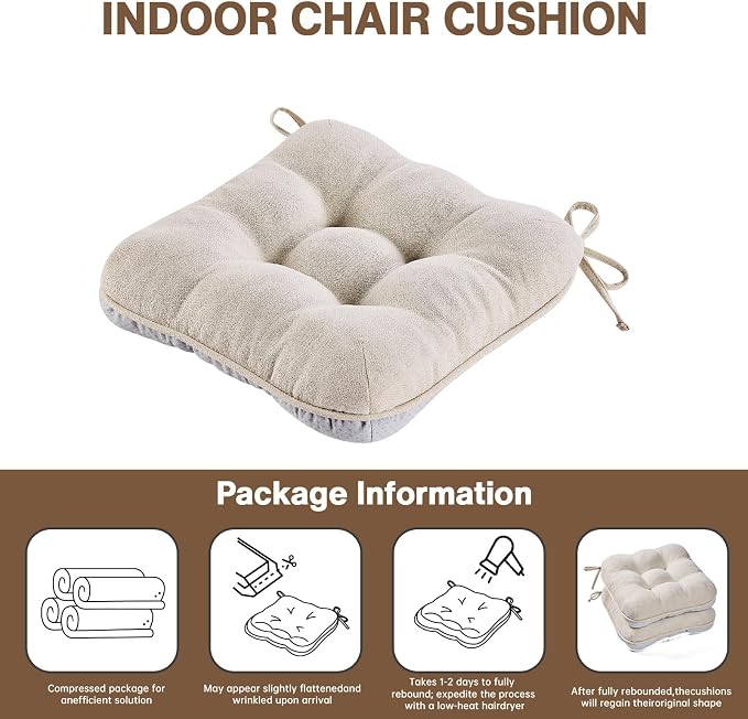 BETU Chair Cushions for Dining Chairs Set of 2,3.5" Thick Kitchen Table Chair Pads with Ties,Non Slip Backing and Covers, Seat Cushion for Dining Room,Bar,Patio Chairs,15.5"X15.5"X3.5",Beige - Image 9