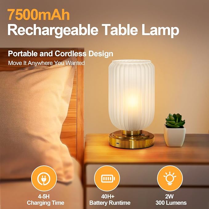 LightRound Cordless Table Lamp for Bedroom, Touch Stepless Dimmable | 7500mAh Rechargeable Battery, Matte Glass Shade, Brushed Gold Base, Bulb Included, Modern Wireless Lamp for Desk, Living Room - Image 2