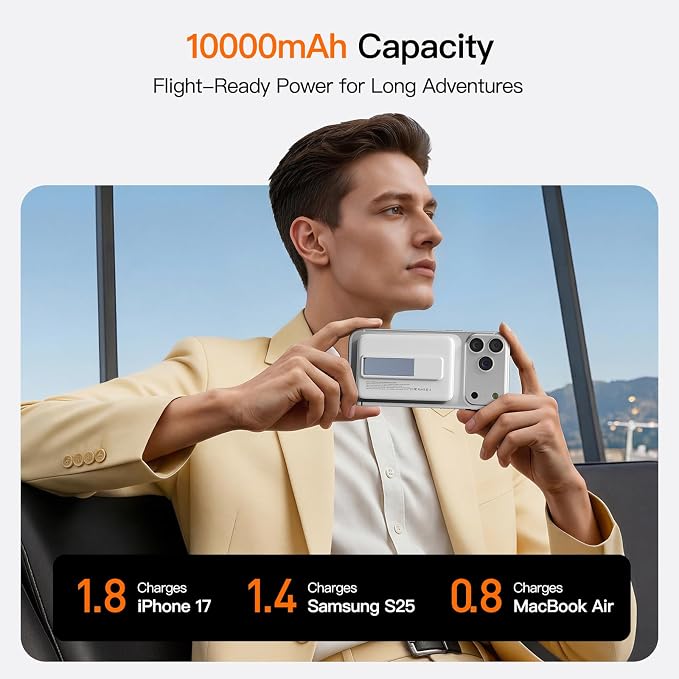 Magnetic Portable Charger 10000mAh, 22.5W Power Bank with Built in Cable | Foldable Stand,20W Fast Charging for Magsafe Battery Pack with LED Display, Travel Essential for iPhone 17/16/15/14/13/12 Pro - Image 8