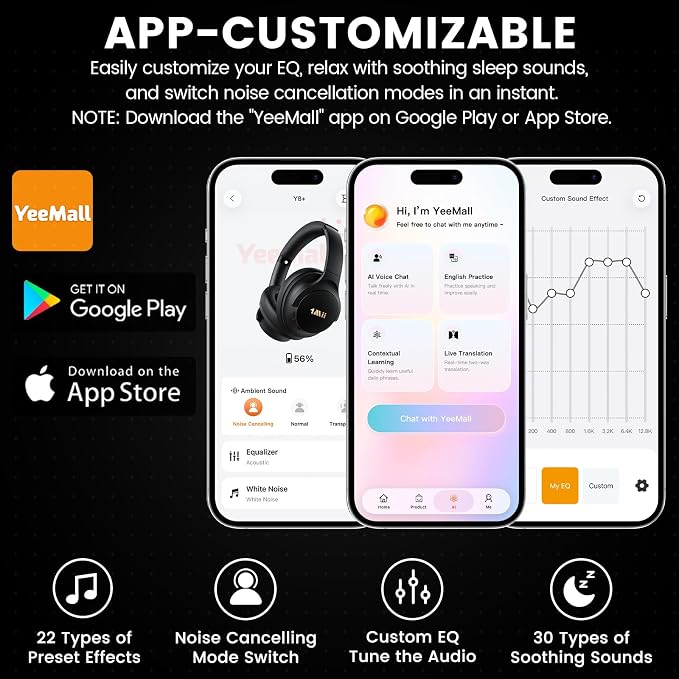 1Mii Y8+ Noise Cancelling Headphones Bluetooth 6.0 Over-Ear Wireless, Black | Hybrid ANC, 100 hrs Playtime, Comfortable, LDAC Hi-Res Audio, Deep Bass, Custom EQ via APP for Airplane & Travel - Image 8