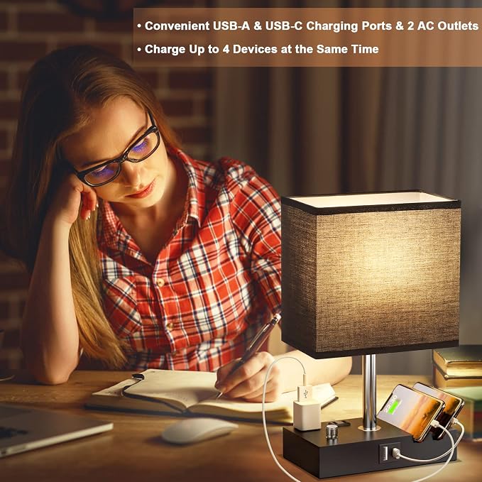 Black Table Lamp for Bedroom - Stepless Dimmable, USB C+A, 2 AC Outlets | Dimming By Rotary Knob, USB C+A Ports, 2 Phone Stands, LED Bulbs Included, Rectangle Black Lampshade, for Living Room, Desk - Image 6