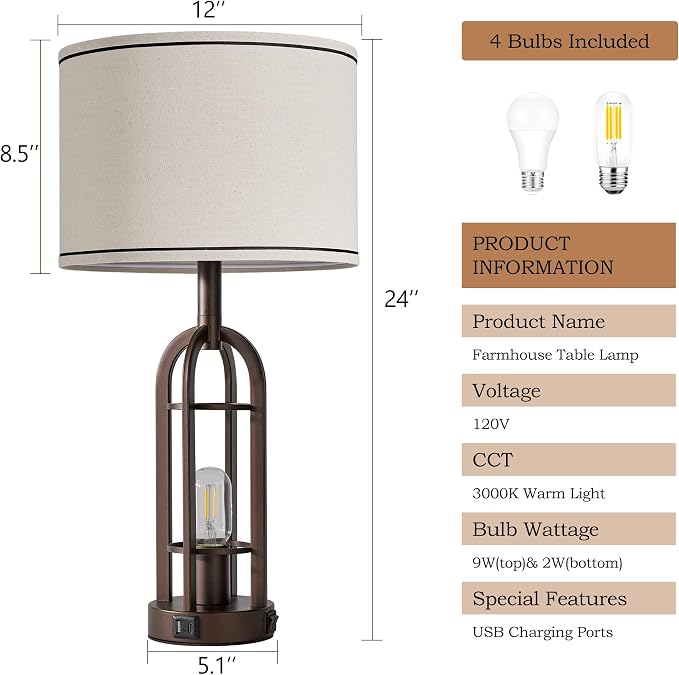 SRJJA Farmhouse Table Lamps for Living Room Bedroom Set of 2 - Rustic Industrial Bedside Lamps for Night Stands with USB A+C, 24" Vintage Nightstand Lamp with Night Light, Bulbs Included - Image 6