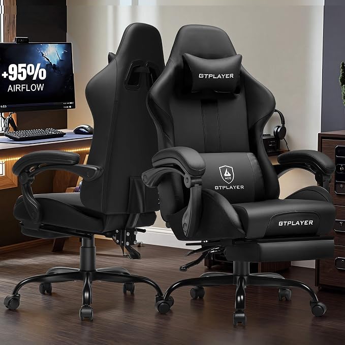 GTPLAYER Gaming Chair with Pocket Spring Cushion, Leather Office Chair with Ergonomic High Back & Lumbar Support for Back Pain Relief, Computer Game Chair for Adults, Black - Image 2
