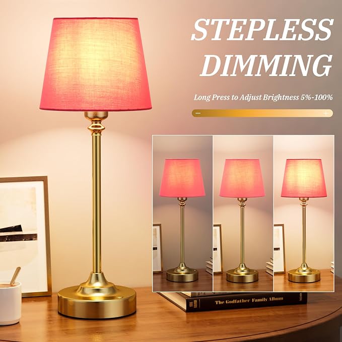 Cordless Table Lamps Rechargeable Set - 2 Pack Brass 4000mAH Battery Operated Lamps for Decor, 3000K Stepless Dimming Touch Control Wireless Lamps for Bedroom, Dining Table, Living Room, Rose Shade - Image 2