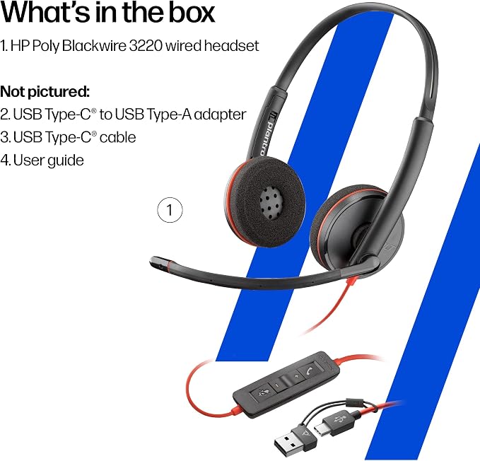 Poly Blackwire 3220 Wired Headset with Mic, Hi-Fi Stereo Sound, Noise-Canceling Mic, Stereo Design, Connect to PC via USB-C & USB-A Adapter, Over-Ear Design, Works with Virtual Meeting Platforms - Image 7