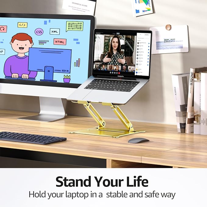 Adjustable Laptop Stand for Desk, 10-15.6“ Laptop Riser, Gold | Sturdy Aluminum Foldable Stand, Heat-Dissipation Design, Ergonomic Holder Fits MacBook/Dell/HP/Lenovo for Home/Office. - Image 2