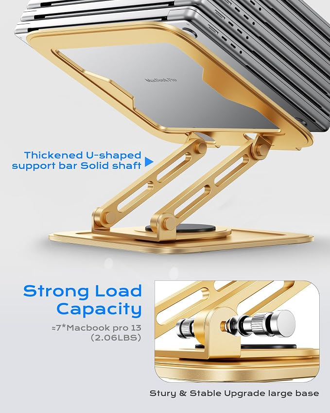 LOXP Adjustable Laptop Stand, Computer Stand with 360 Rotating Base, Ergonomic Laptop Riser Mount for Desk Foldable Protable Computer Desk Fits with MacBook Pro Air (10-16") - Gold | Ergonomic Laptop Riser Mount for Desk Foldable Protable Computer Desk... - Image 5