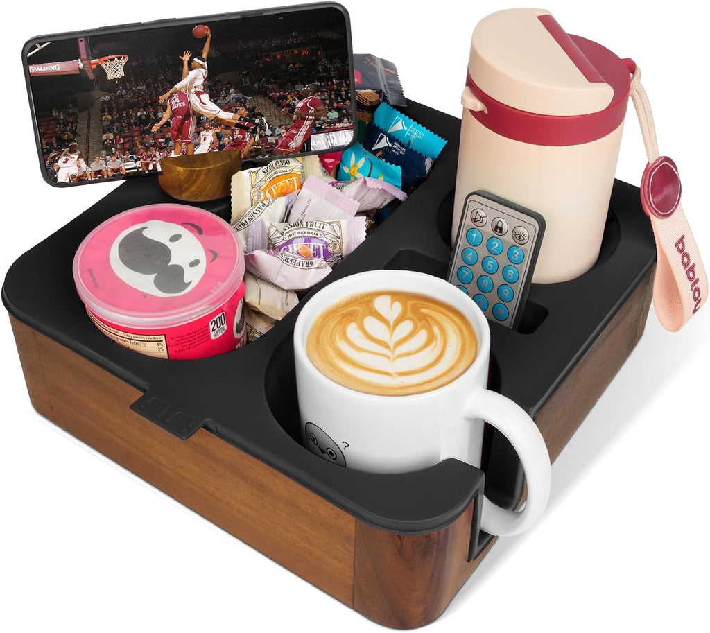 Couch Cup Holder Tray, Real Acacia Wooden Caddy with Soft Silicone, Snack and Drink Organizer- Perfect Movie Night Accessories for Bed, Remote and Cup Holders for Sofa (Black) by Couch Buddy
